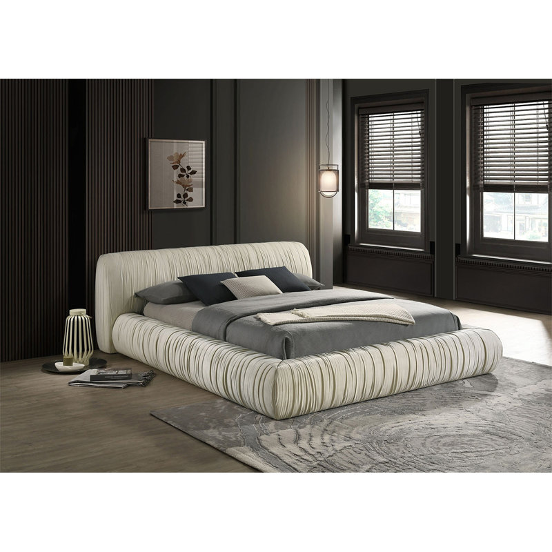 Lit plateforme tapissier contemporain en tissu de couleur ivoire 1pc, Grand lit, Ivoire ivoire