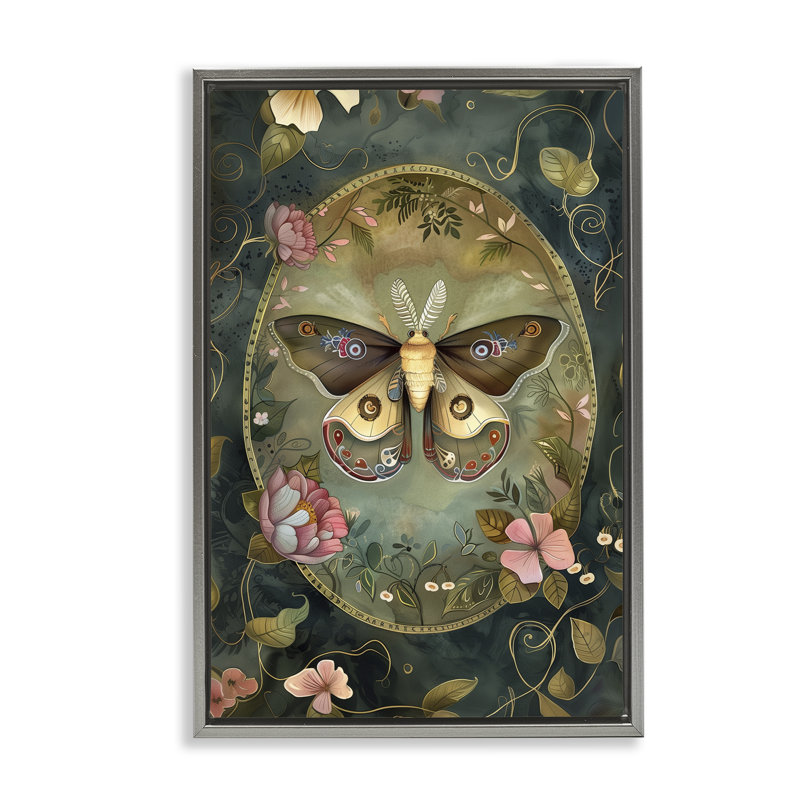Cadre flottant orné de papillon de nuit victorien, design par The Dutch Lady, H 25 po x l 17 po, Cadre flottant gris lustré