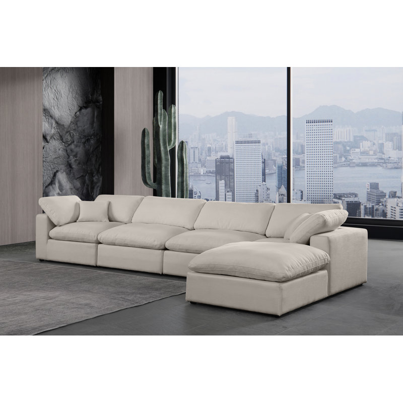 Canapé modulaire 5 pièces rembourré, Tissu beige texturé en lin