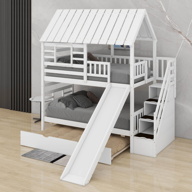Twin Over Twin Bunk Bed With Trundle, White