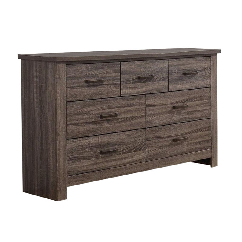 Commode large 7 tiroirs 59 pouces Soma de Soma, poignées de barre en métal, gris chêne