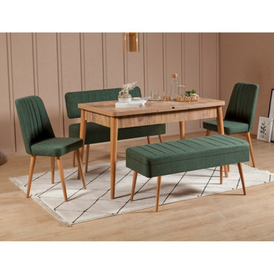 Extendable Dining Table & Chairs Set (5 Pieces), Atlantic Pine & Green, Table: 50.8 x 29.5 x 31.5 in, Chairs: 18.5 x 35.4 x 17.7 in, Bench: 43.3 x 19.7 x 15.7 in | 100% Melamine Coated Particle Board | Modern Scandinavian Design, 100% Linen Upholstery