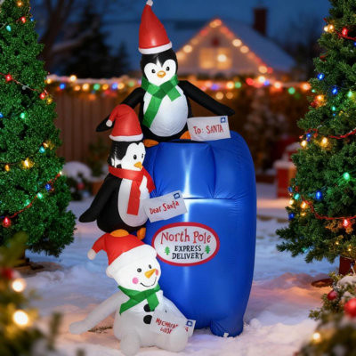 Boîte aux lettres North Pole avec pingouins et bonhomme de neige, décorations de Noël gonflables pour l'extérieur, décor de Noël de jardin gonflable avec affichage à DEL