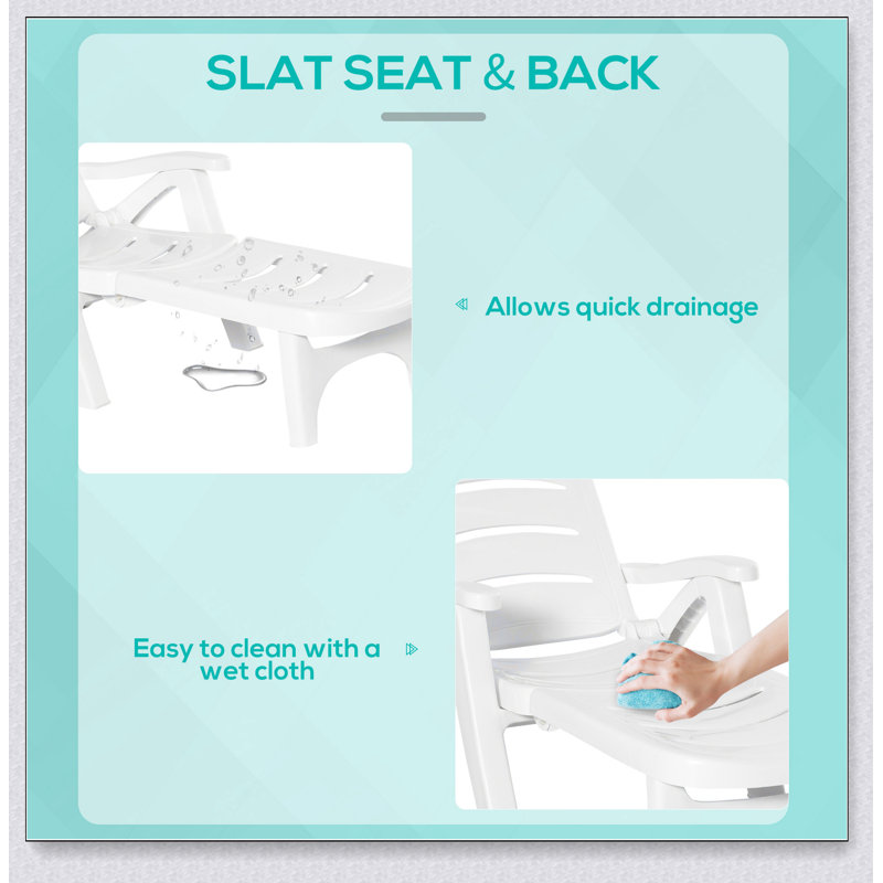 White Plastic Folding Outdoor Chaise Lounge with Adjustable Backrest and Wheels