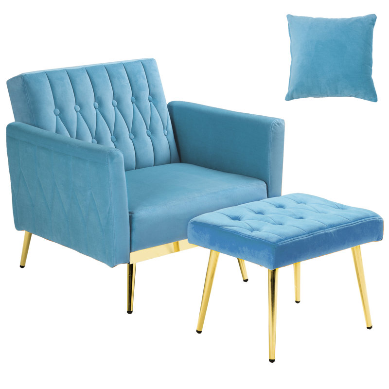 Siemon Velvet Accent Chair with Ottoman, Baby Blue Velvet