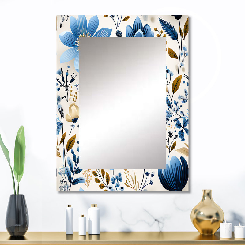 Orbison Nordic Blue Bloom Scandinavian Floral - Floral Wall Mirror, Cottage Decorative Mirror, Printed Metal Art, 32" x 24"