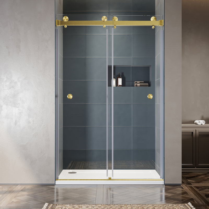 Royal 51 to 55 in. x 76 in. H Frameless  Double Sliding Shower Door with Two Finger Pulls in Satin Brass and 3/8 in. (10mm) Clear Glass