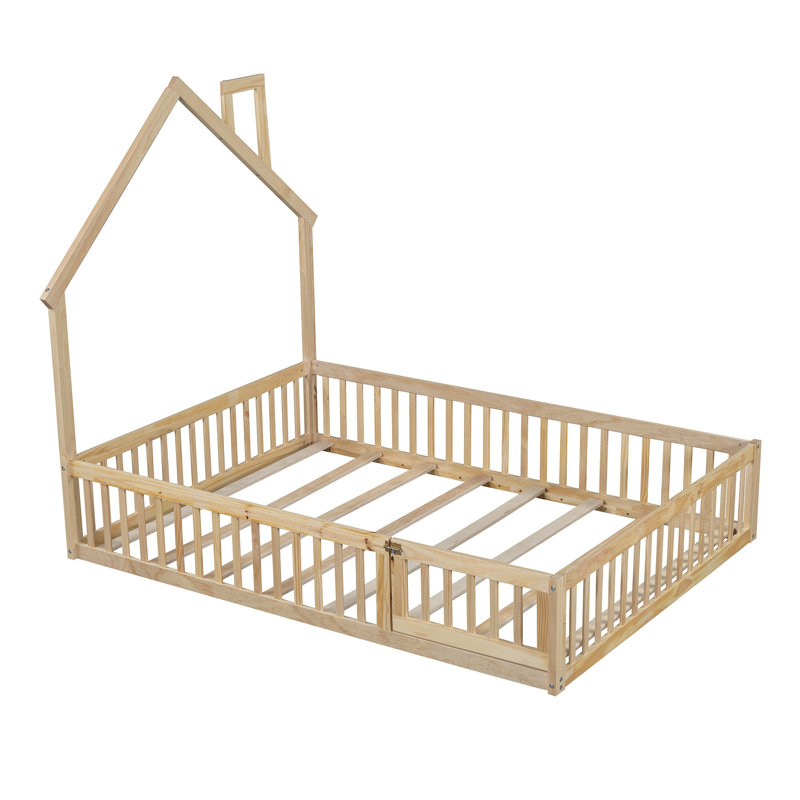 Wood Full-Size House Bed with Guardrail – Kids Playhouse Platform Bed, Sturdy Pine Frame, Safe & Fun Bedroom Furniture, Natural