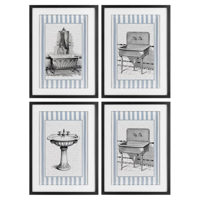 Antique Bathroom Stripes 4pc Framed Print Under Glass Set, design by Lettered and Lined