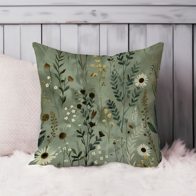 Botanical Green Flowers Pattern VIII Cottage Throw Pillow Cover