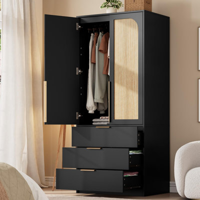 Armoire-penderie en bois noir - Armoire moderne autoportante avec 2 portes en rotin, 3 tiroirs, tringle et tablette - Organisateur de vêtements de chambre à grande capacité - Armoire de rangement domestique - Boîte de rangement noire