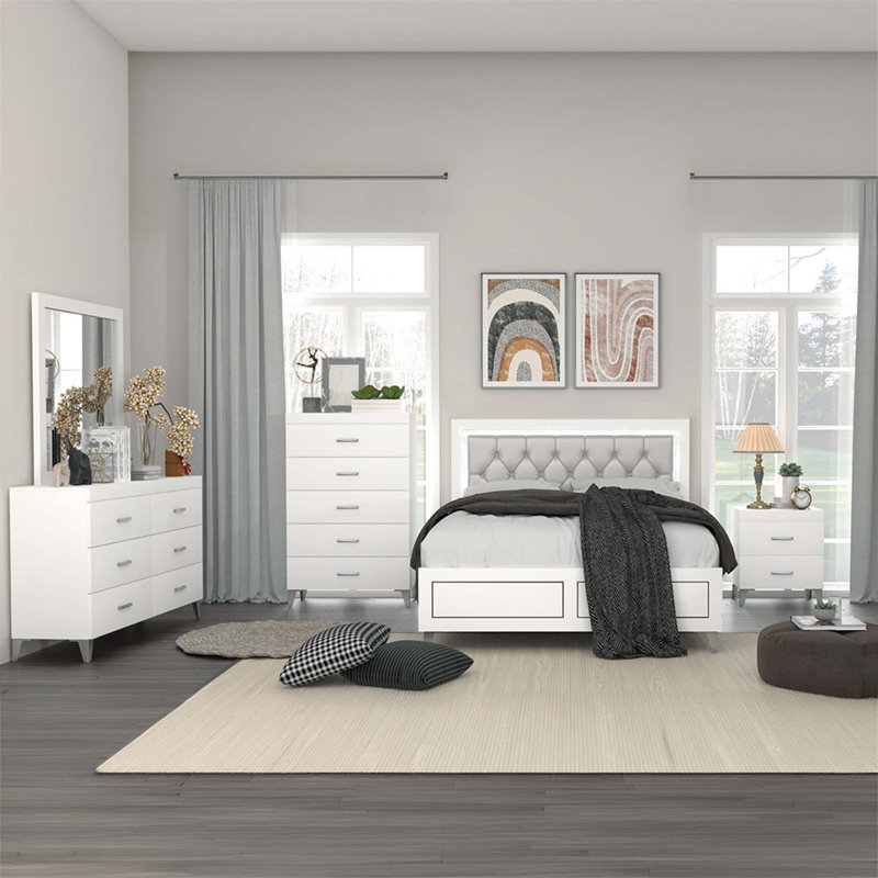 Commode 5 tiroirs Casilda, finition blanche