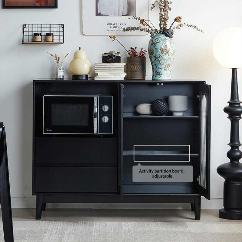 Buffet en bois massif noir et verre trempé
