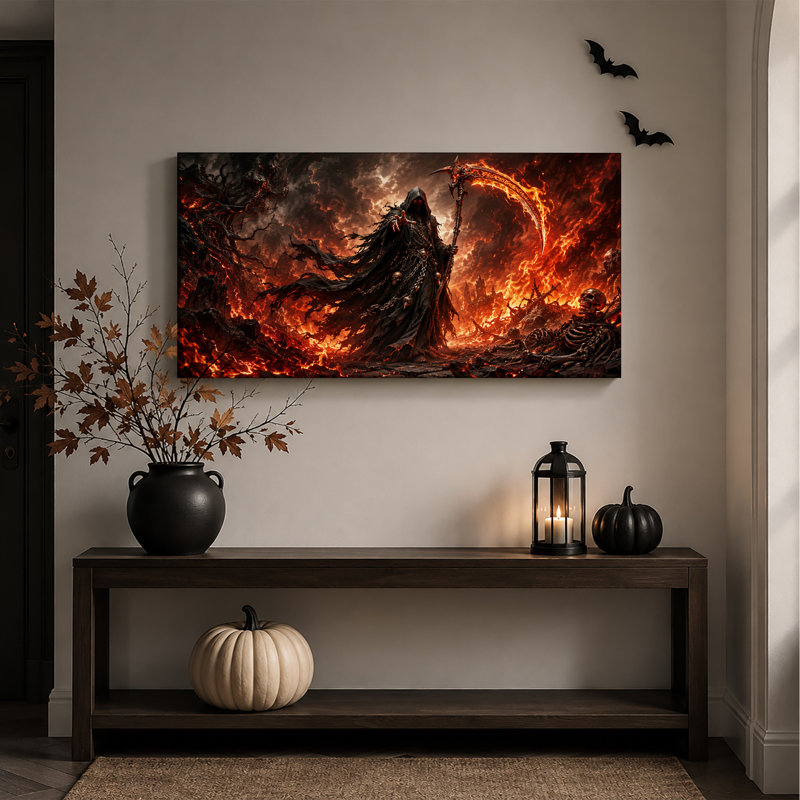 Faucheuse à capuchon foncé avec une faux enflammée dans une toile murale d'Halloween en feu, 32“W x 16”H