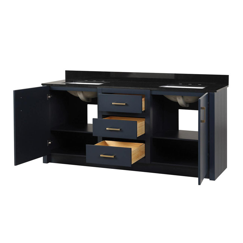 Meuble-lavabo double Cora, Bleu marine, Or, Noir