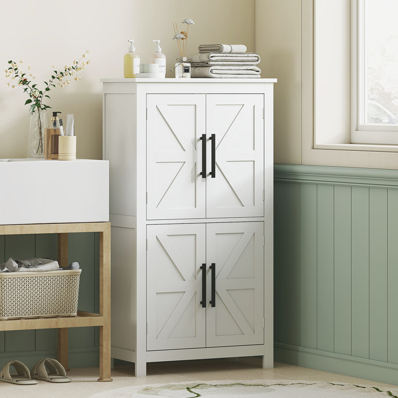 Armoire de rangement pour salle de bain, armoire de salle de bain de ferme avec 4 portes et tablette réglable, blanc, Blanc