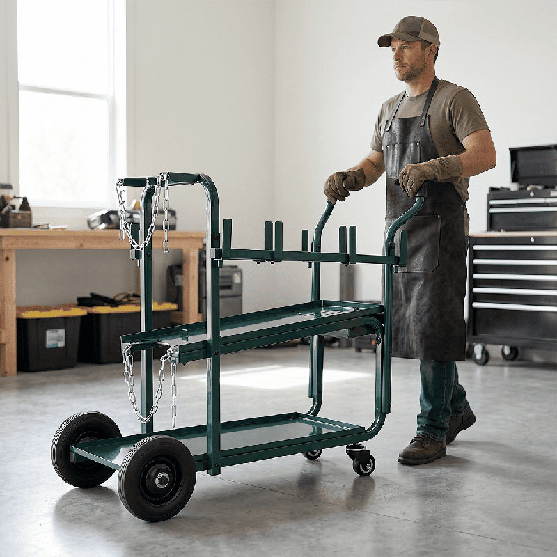 Chariot de soudage portable avec tablettes à deux niveaux - optimisé pour les coupeurs MIG, TIG et plasma, Vert