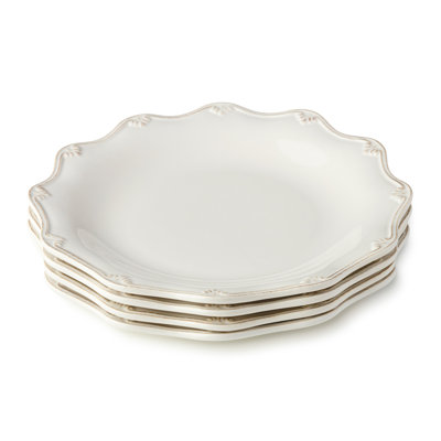 Heritage Scroll 11-Inch Dinner Plates, Set of 4 – Elegant Stoneware with Sculpted Scrollwork & Scalloped Edge – Ivory Glaze for Classic Dining, Entertaining & Everyday Meals