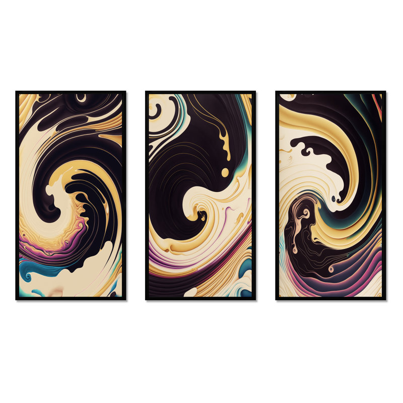 «Mauve, or et tourbillon bleu», 3 pièces sur toile, Noir, H 20 po x l 36 po