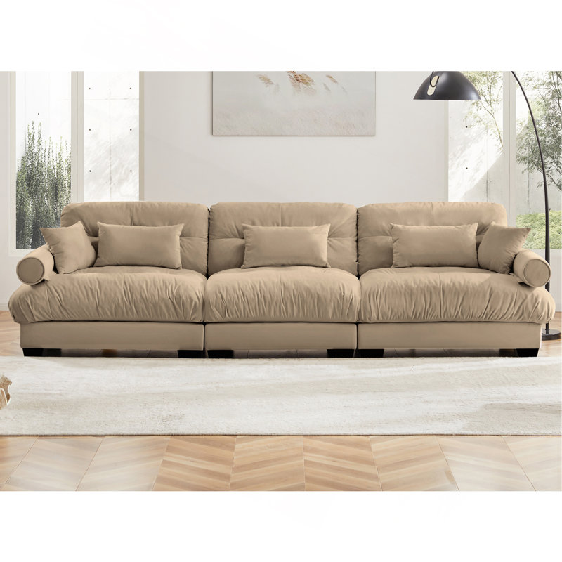 Très grand canapé en velours moderne à 3 places, canapé surdimensionné, siège confortable et dossier confortable, avec coussins de taille et coussins décoratifs, chameau