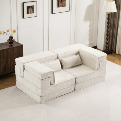 Lit convertible Mahjong à compression, style sectionnel sans os, en polaire circulaire, garnissage en mousse à mémoire de forme, mousse haute résilience, rembourrage haute densité, blanc, aucun assemblage requis, moderne et surdimensionné.