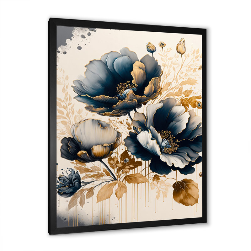 Bleu marine et coquelicots dorés II - reproduction sur toile, Toile encadrée noire à coins fermés, H 20 po x l 12 po x P 1 po