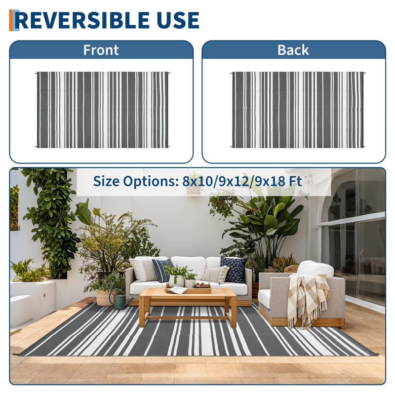 Waterproof Outdoor Rug Reversible Plastic Straw Rug, Modern Striped Outside Mat, UV-Resistant Camping Rug, Outdoor Carpet for Porch, Deck