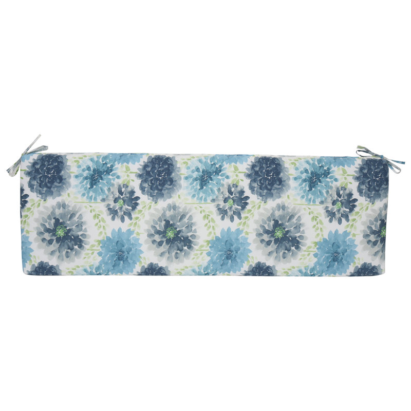 Outdoor Bench Cushion, White/Blue/Gardenia Cool Floral, 63" W x 19" D