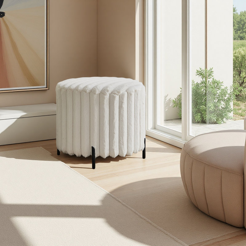 22.05"Wide Upholstered Round Pouf Ottoman Foot Rest With Black Metal Legs,Faux Fur Footstool For Living Room Bedroom Entryway
