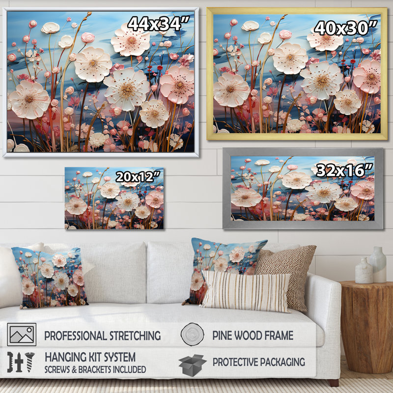 «Blue and Pink Poppy Meadows» - Art mural coquelicots, Cadre d'angle fermé noir, H 30 po x l 40 po x P 1,5 po