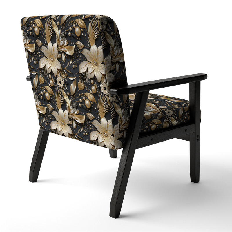 Golden Beige And Black Flowers Elegance - Upholstered Glam Arm Chair, Glam Style Accent Chair