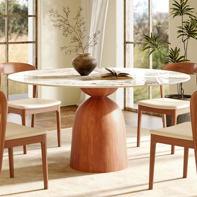Mid-Century Modern Round Dining Table, 39"/43"/47"/53"/59" Sintered Stone Top, Solid Wood Base, Farmhouse Kitchen Table, Stain & Scratch Resistant
