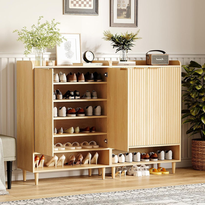 Shoe Cabinet With Fluted Doors, 6 Tier Large Wooden Entryway Shoe Storage Cabinet With Adjustable Shelves,44.5" Tall Modern Freestanding Shoe Rack Organizer For Entryway, Hallway, Closet,Oak