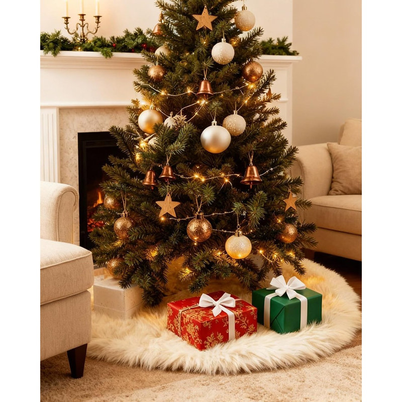 White Plush Faux Fur Christmas Tree Skirt – Soft Snowy Holiday Tree Base Mat & Home Decor