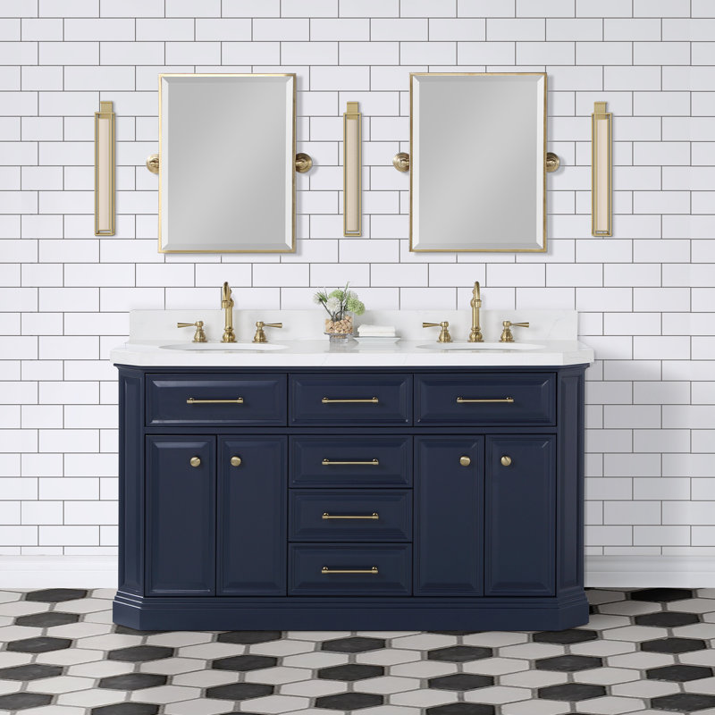 Palace 60" Carrara Quartz Countertop Bath Vanity in Monarch Blue with Mirror