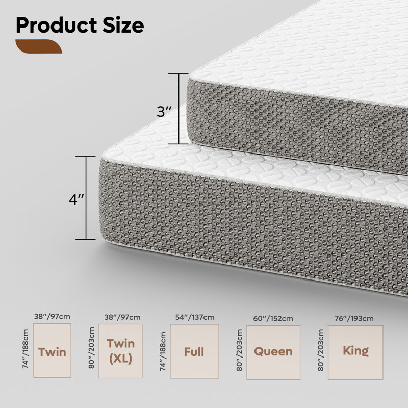 3" Twin Size Plush Tencel Gel Memory Foam Mattress Topper With Washable Cooling Cover, Pain Relief & Breathable, Twin, 3 INCH