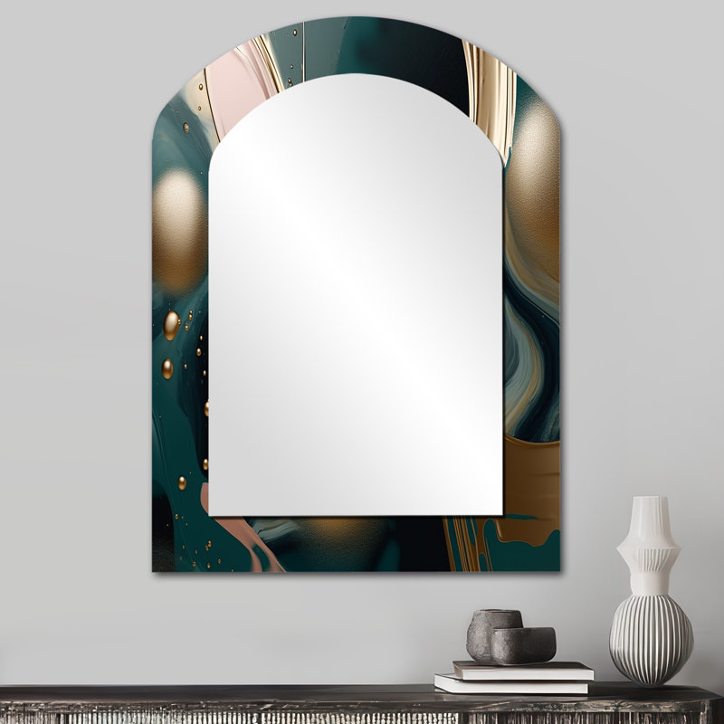 Harmonie de l'encre liquide abstraite dorée et verte - Grand miroir mural arqué sur métal, 34 po x 25 po