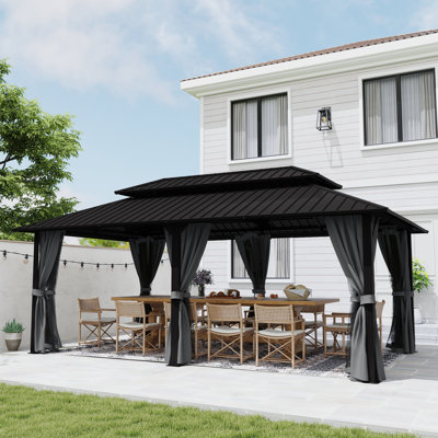 D Double Roof Hardtop Aluminum Patio Gazebo with Netting and Curtains