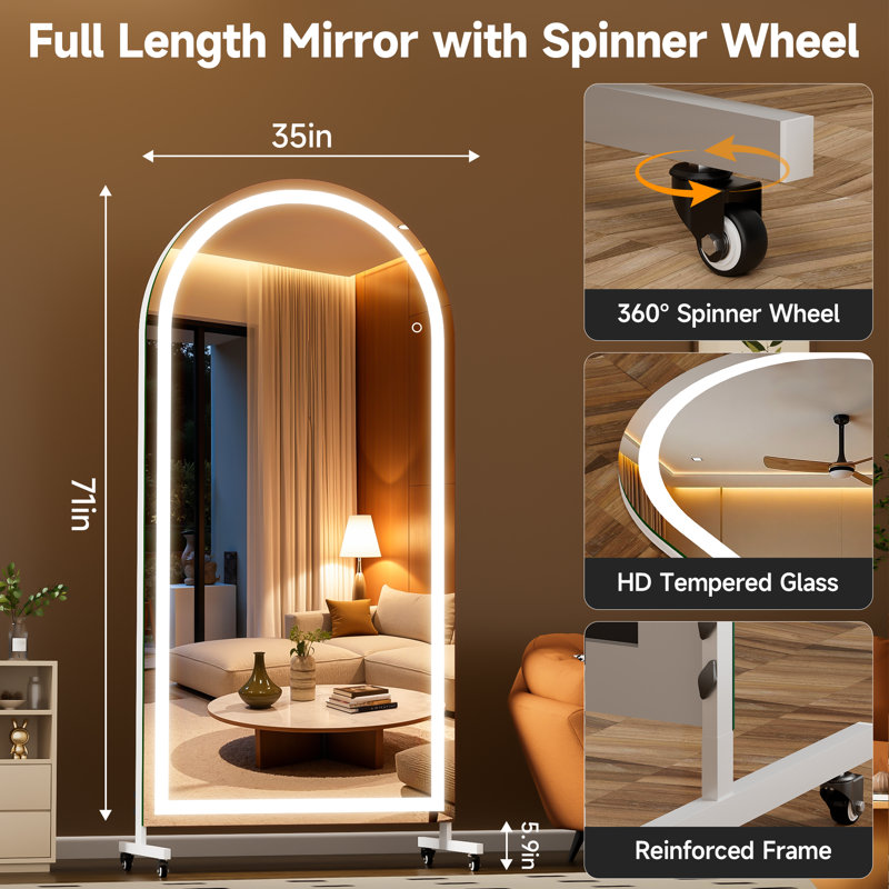 71" x 36" Arched LED Rolling Gym Mirror with Wheels, Dimmable Lighted Body Mirror with 3 Color Temperatures & Adjustable Brightness for Bedroom, Yoga Studio & Home Gym