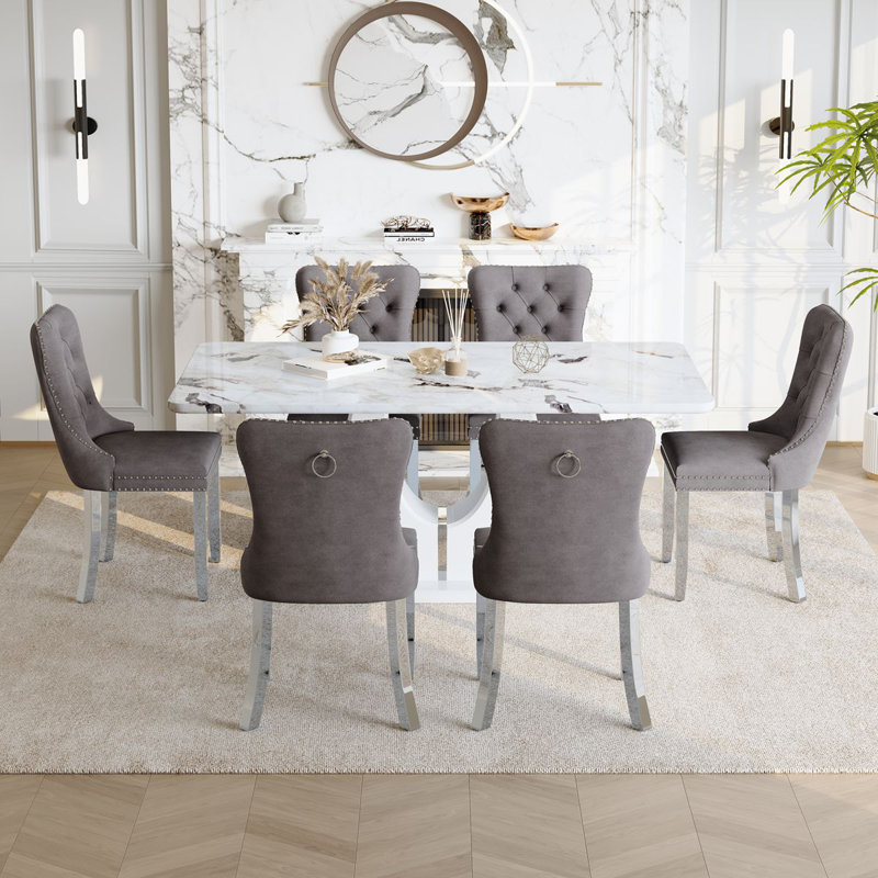 Ensemble de table de salle à manger 63 po avec 6 chaises de salle à manger en similicuir de luxe, 7 pièces : table, 6 chaises