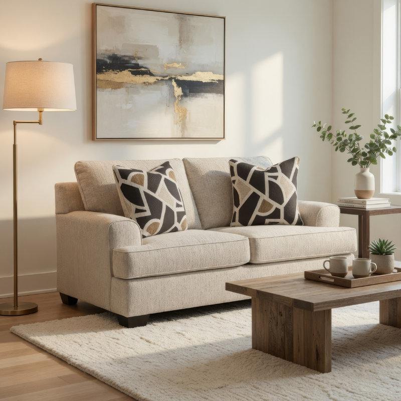 Causeuse Burgess, polyester beige quartz, 2 coussins décoratifs, 70 po
