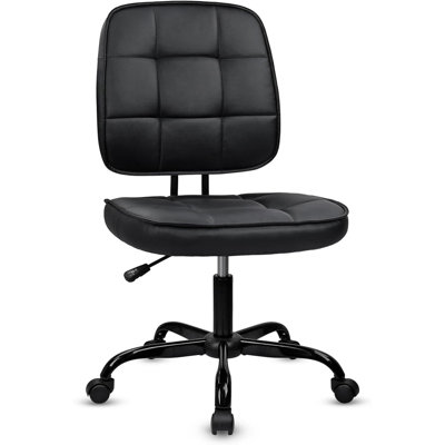  Armless Home Office Chair with Lumbar Support and Wheels, Small PU Leather Ergonomic Low Back Desk Chairs No Arms, Adjustable Height 360° Swivel Rolling Computer Task Chair, Black