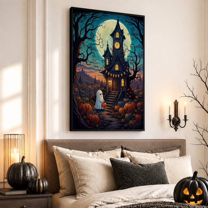 Horloge hantée, maison avec fantôme et citrouilles, H 30 po x l 20 po