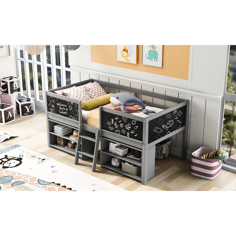 Lit mezzanine simple simple avec tablettes mobiles et tableau noir - deux tablettes de style gris et brillant, Gris