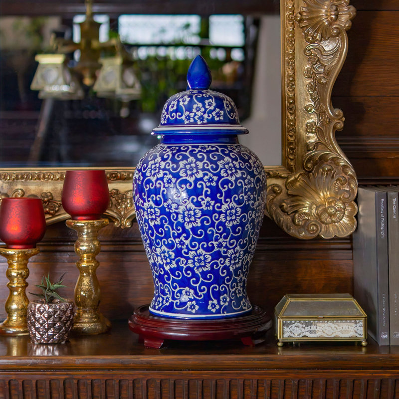 Pot de temple chinois intemporel, Fleurs bleue, 18"