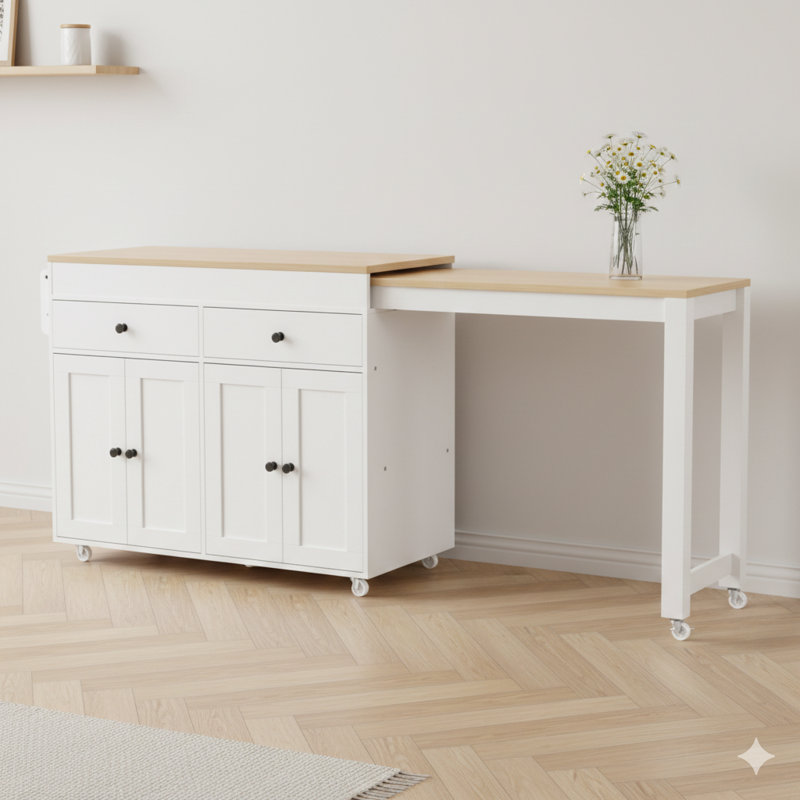 Îlot de cuisine de 74,5 pouces avec table de salle à manger coulissante, chariot de cuisine sur roulettes, support à épices, 2 tiroirs et armoire de base à 4 portes - convient à la cuisine et à la salle à manger, fini blanc (paquet simple)