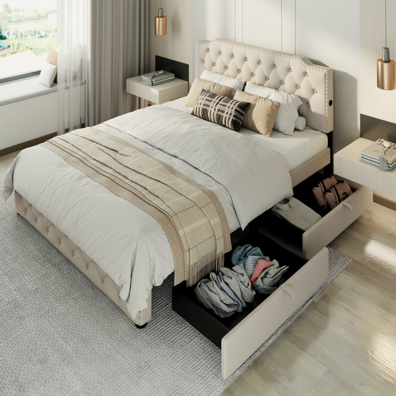 Cathlina Tufted Upholstered Linen Platform Queen Bed with 2 USB Ports and 2 Storage Drawers, Beige