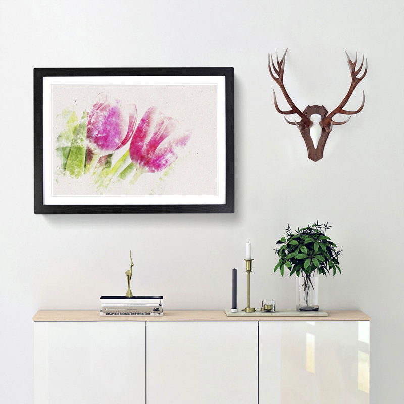 Pair of Pink Tulip Flowers - Framed Print, 33cm H x 45cm W x 2cm D, Black Framed