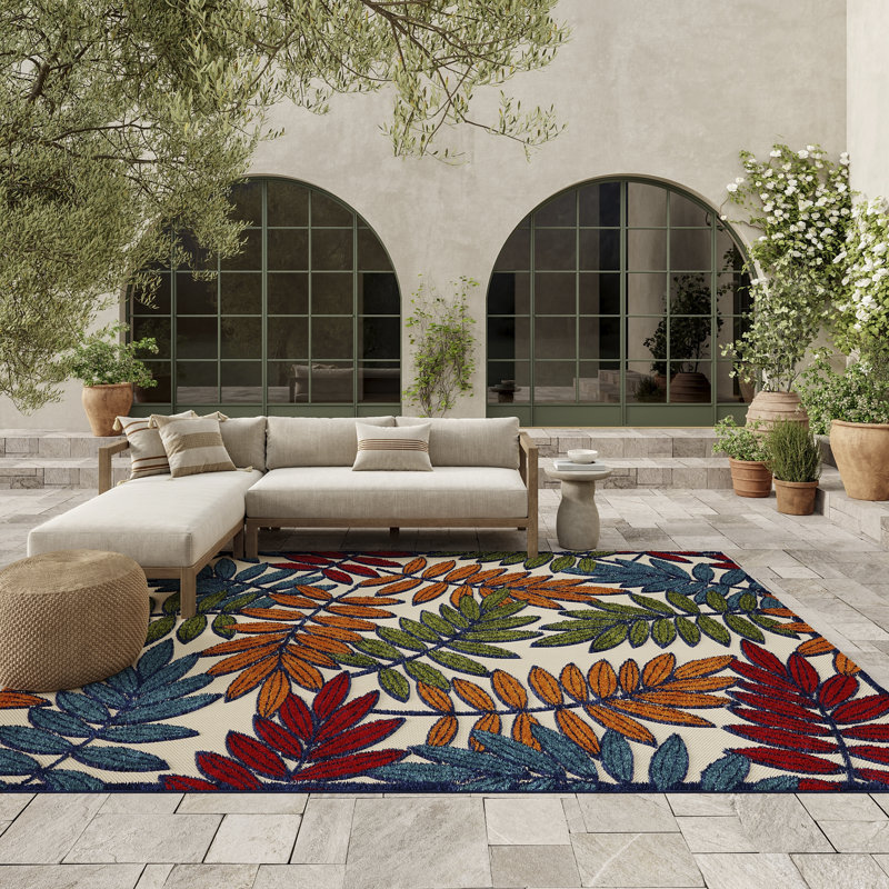 Tapis or, vert et bleu à motif floral pour l'intérieur et l'extérieur Eaglin, Rectangle 9 pi 6 po x 13 pi