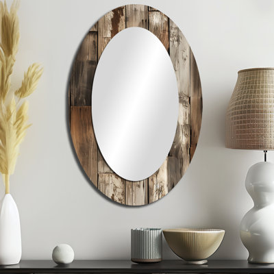 Rustic Barnwood Weathered Tones - Miroir décoratif ovale abstrait sur métal